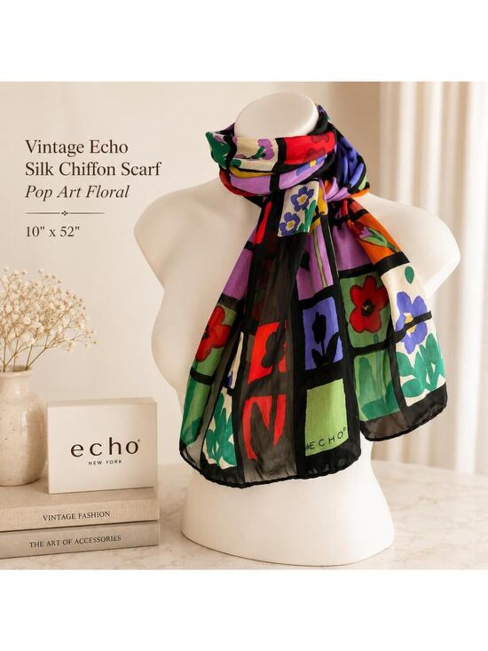 Vintage Echo Silk Chiffon Scarf 10x52 Pop Art Floral Patchwork Black Multicolor